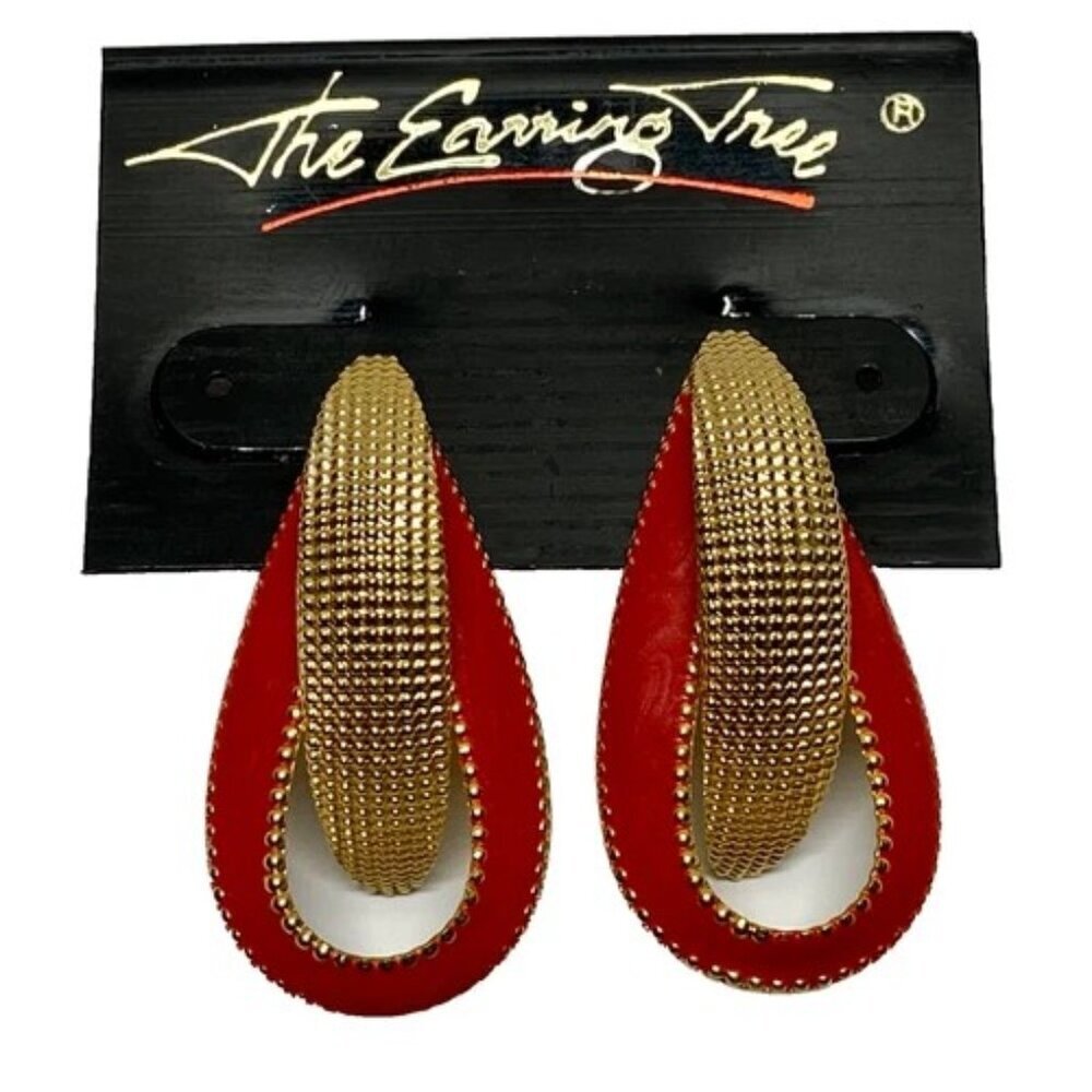 The Earring Tree Fashion Earrings Goldtone Red Acrylic Elegant Dangle‎ Post NWT